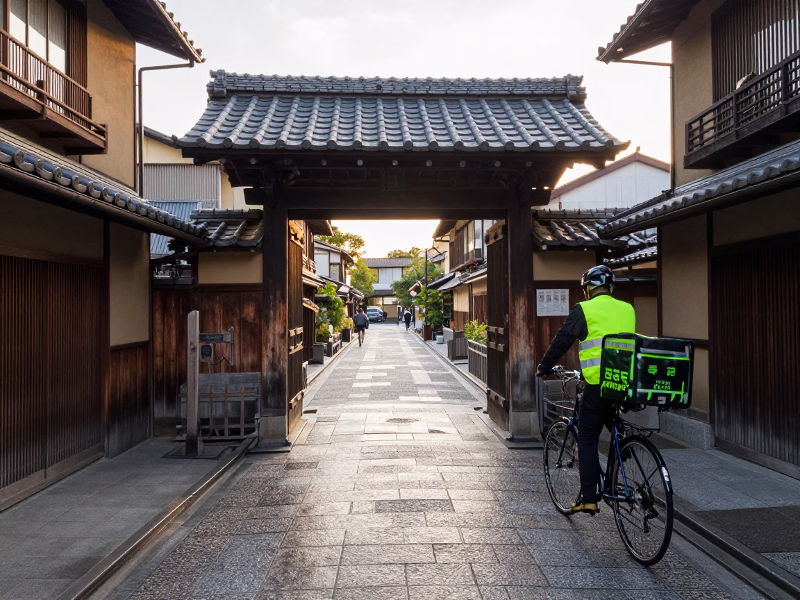 Cyclist Pausing in Kyoto in in Kyoto, Japan
