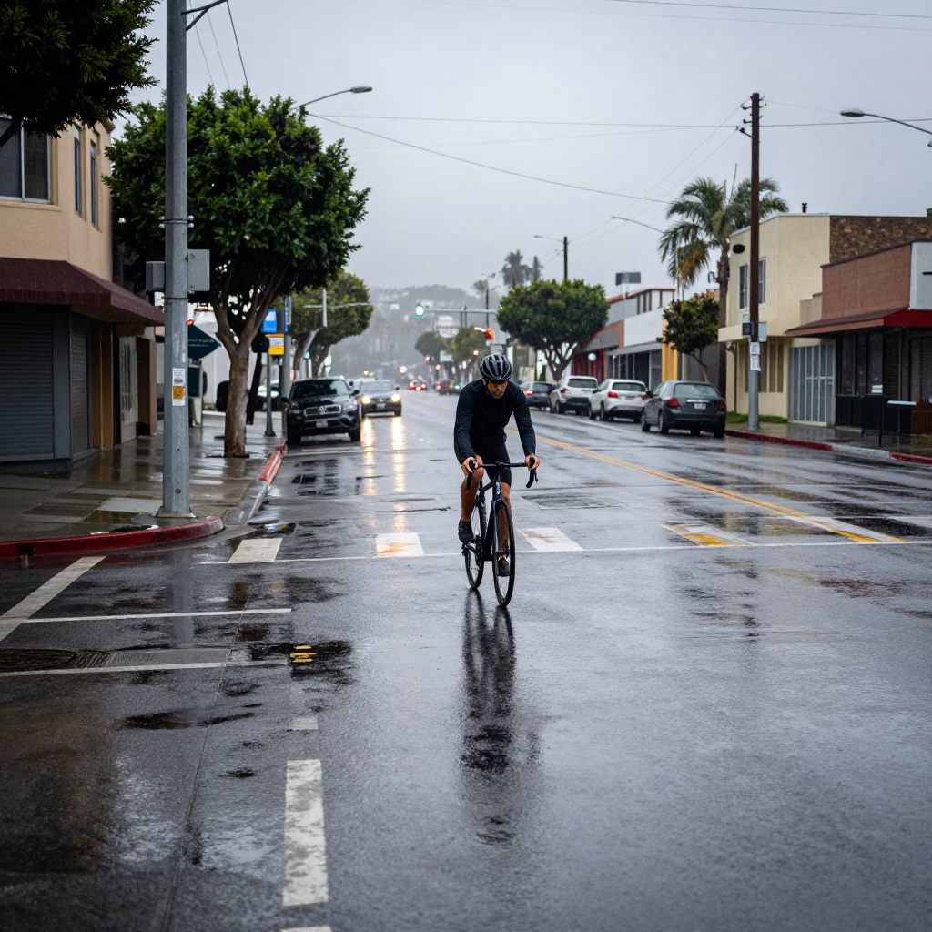 Cyclist Pausing in Los Angeles in in Los Angeles, California, United States