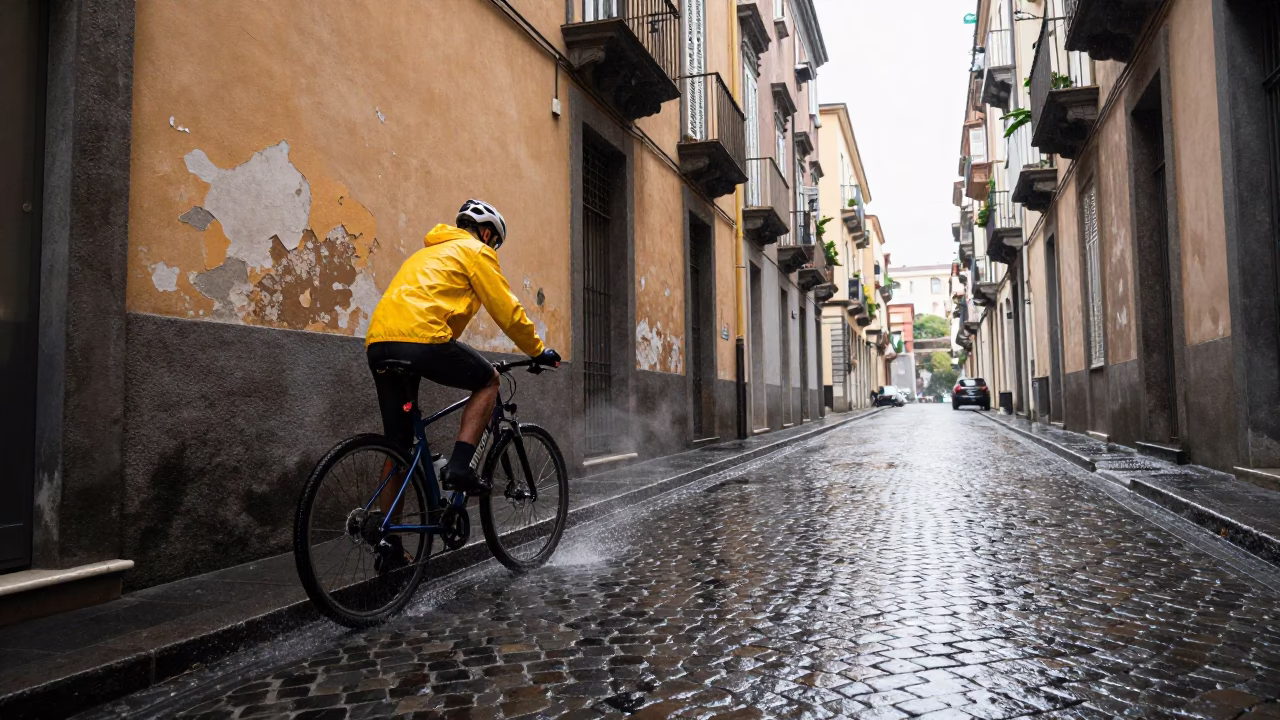 Cyclist Pausing in Naples in in Naples, Italy