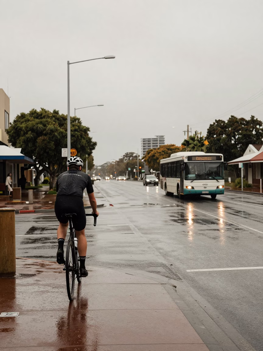 Cyclist Pausing in Perth in in Perth, Western Australia, Australia