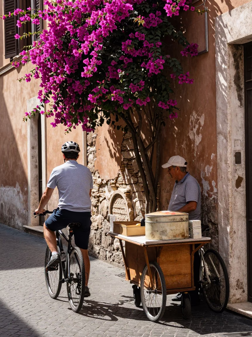 Cyclist Pausing in Rome in in Rome, Italy