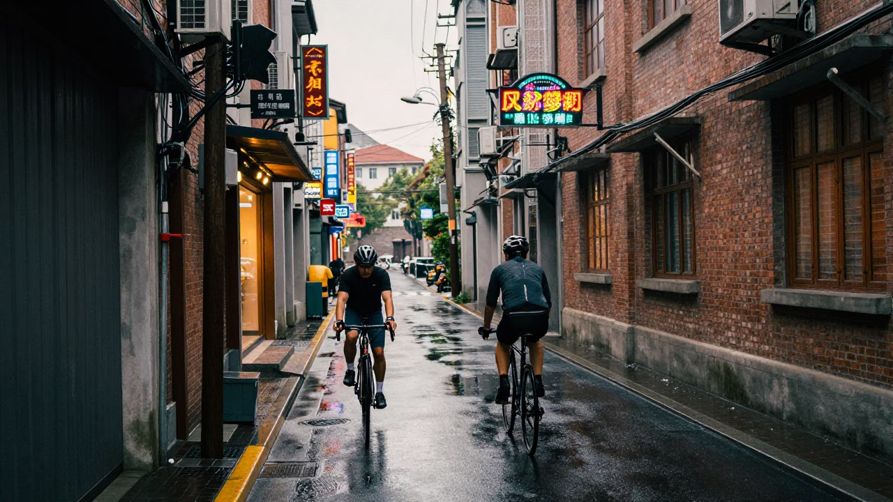 Cyclist Pausing in Shanghai in in Shanghai, China