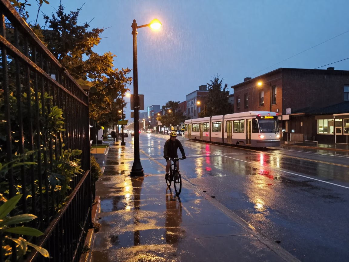 Cyclist Pausing in Toronto in in Toronto, Ontario, Canada