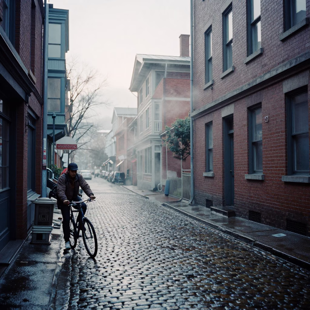 Cyclist Pausing in Vancouver in in Vancouver, British Columbia, Canada