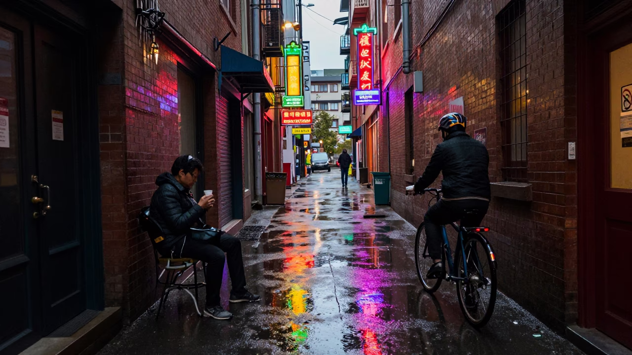 Cyclist Pausing in Vancouver in in Vancouver, British Columbia, Canada