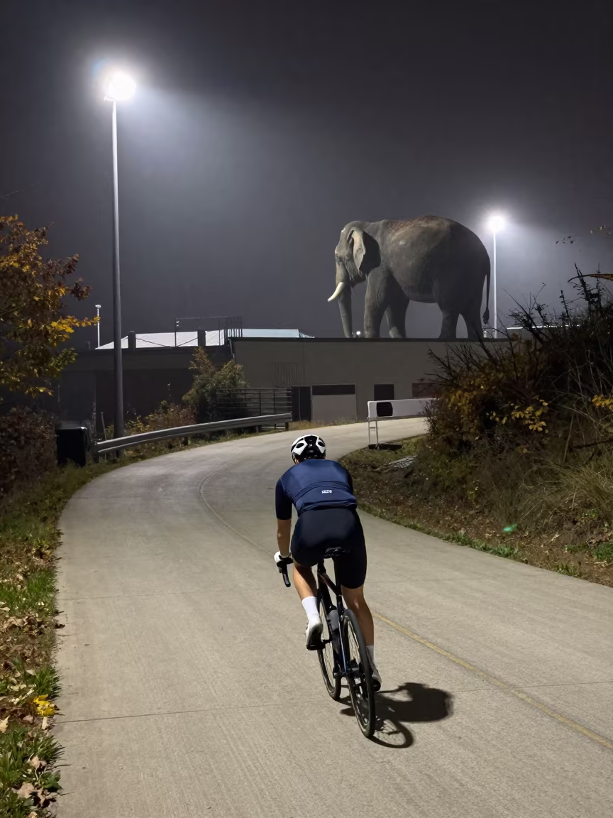 Cyclist Racing Hairpin Turn Under Night Floodlights in on a mountain path near Milwaukee