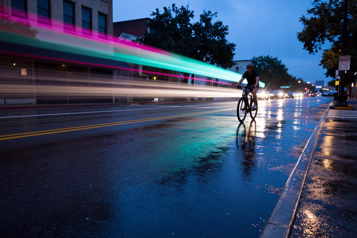 Cyclist Reflecting in Austin in in Austin, Texas, United States