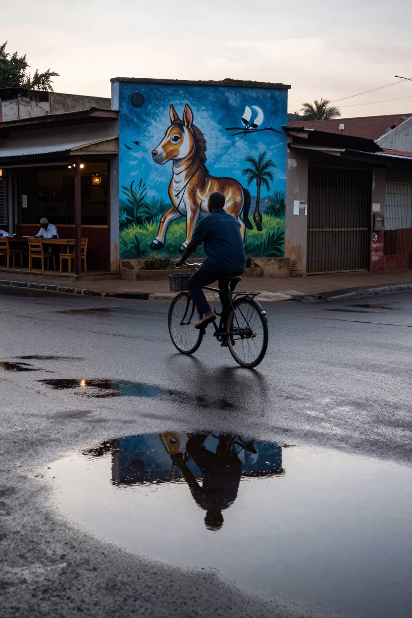 Cyclist Reflection in Dawn Puddle Antananarivo in outside a corner cafe in Antananarivo