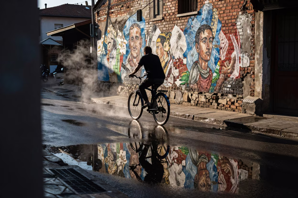 Cyclist Reflection in Duzce Alley Puddle Dawn in along a market-lined side street in Düzce