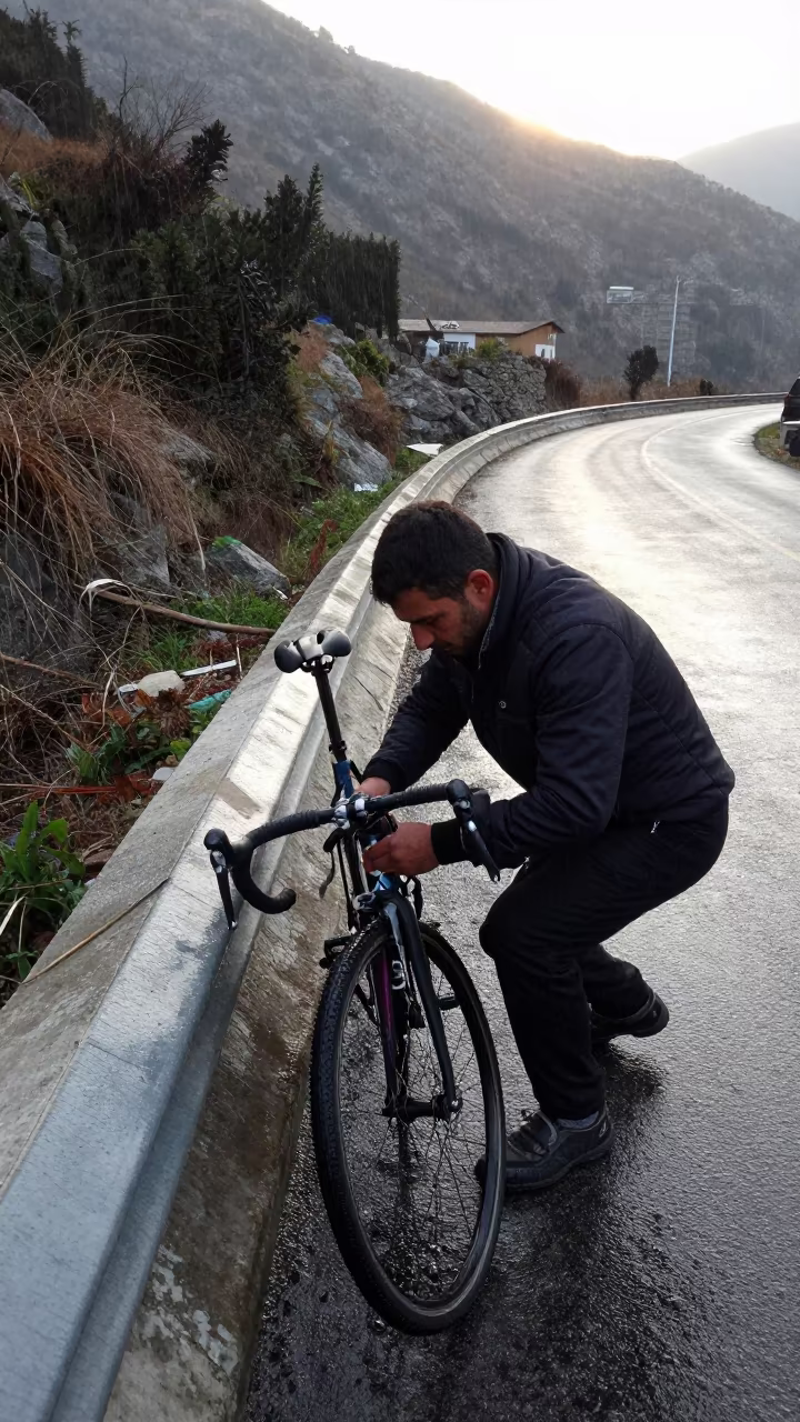 Cyclist Repairing Chain by Latakia Roadside Barrier in on a mountain path near Latakia