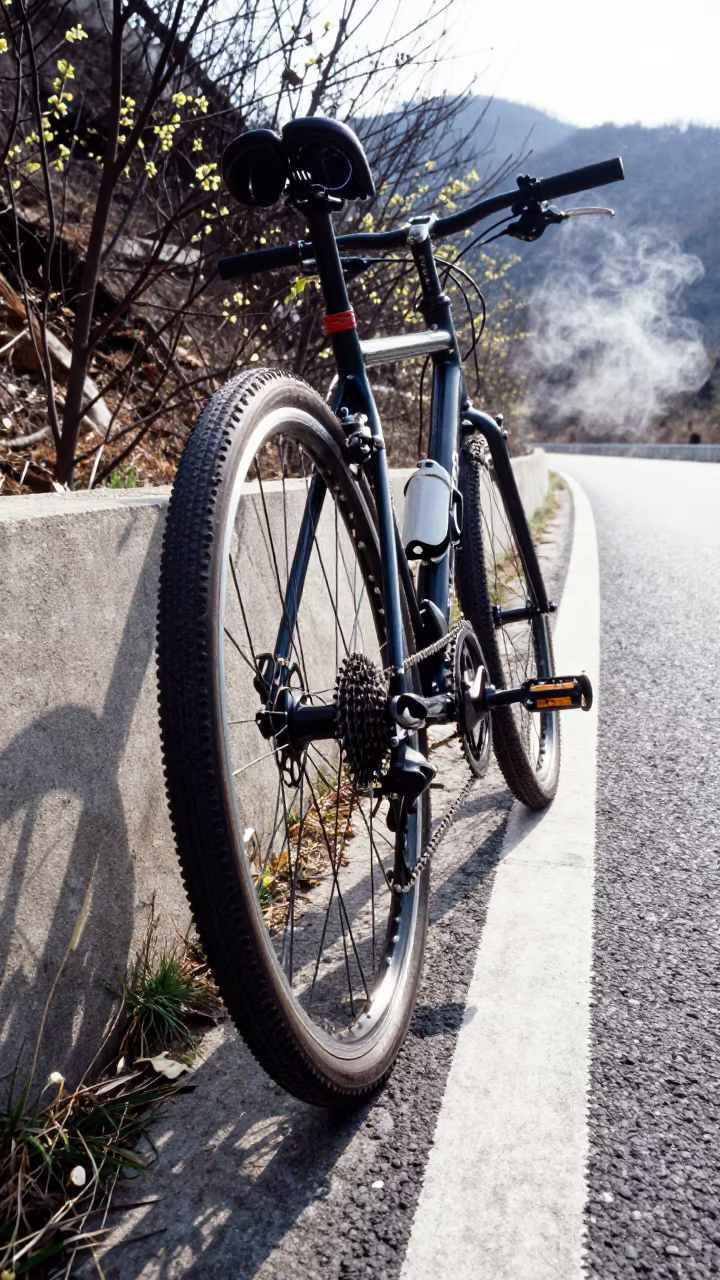 Cyclist Fixes Chain on Mountain Path in on a mountain path near Tianjin