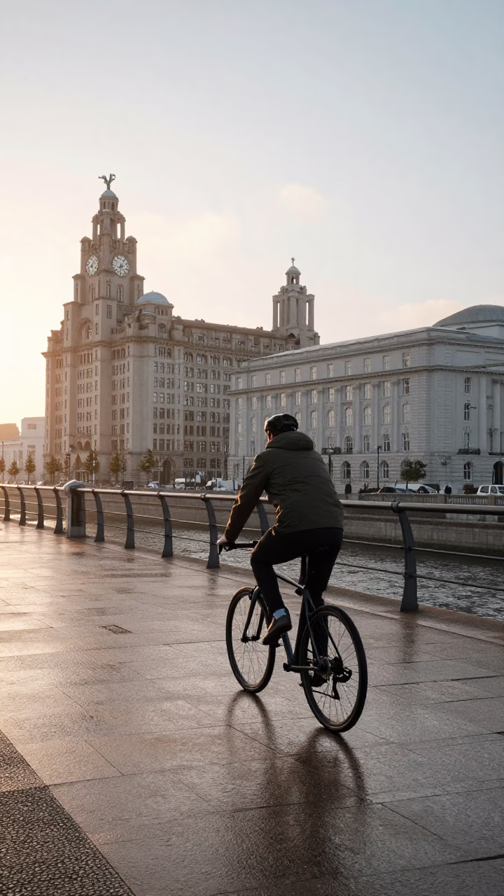 Cyclist riding past historic Liverpool waterfront buildings at sunrise in in Liverpool, United Kingdom