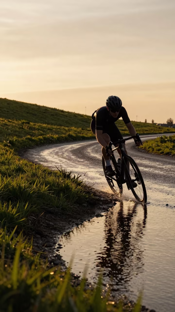 Cyclist Silhouette on Uphill Water Slope in on a hillside near Gliwice