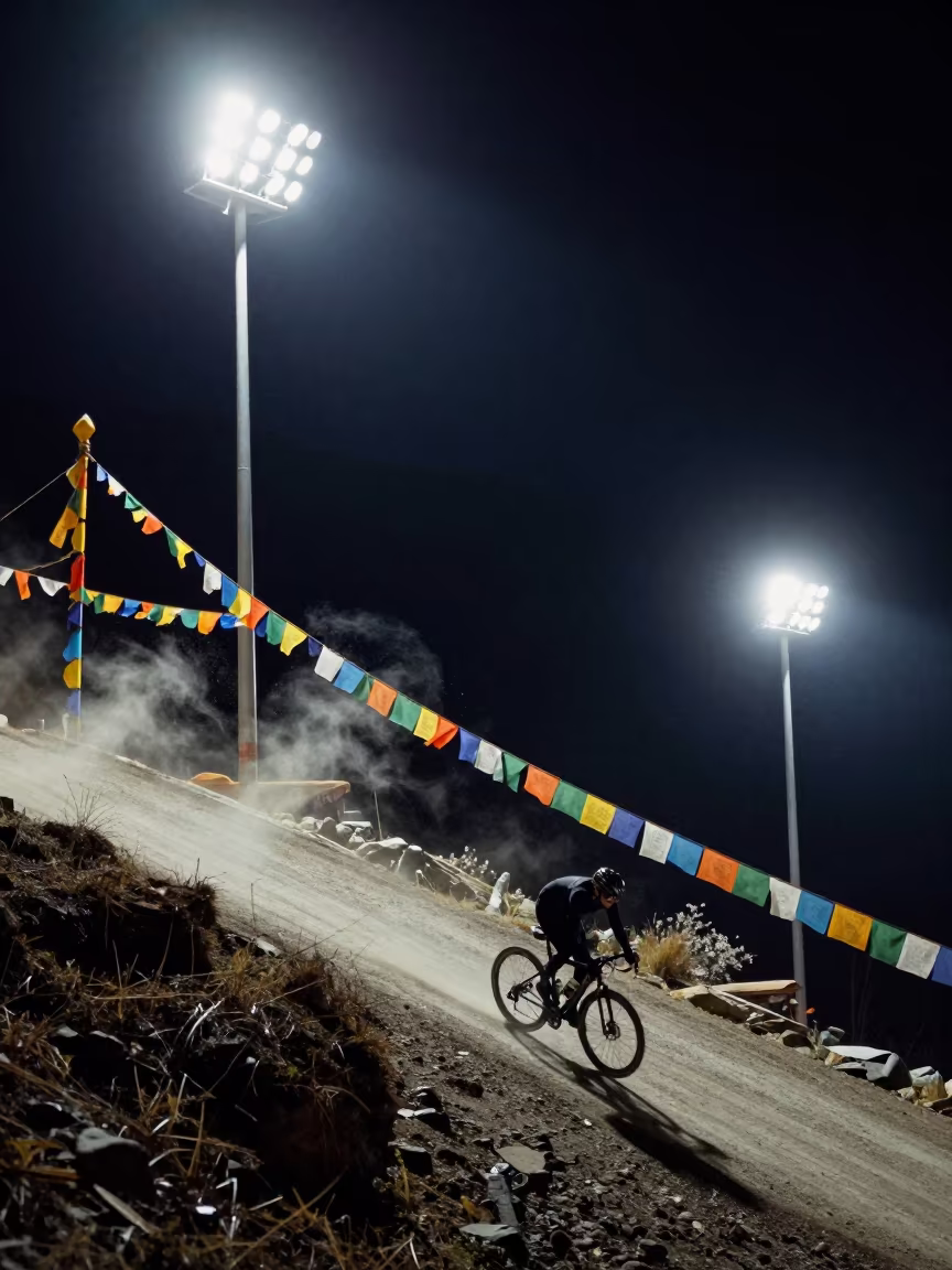 Cyclist Speeding Down Mountain Pass Under Floodlights in along a high mountain pass beneath prayer flags near Thimphu
