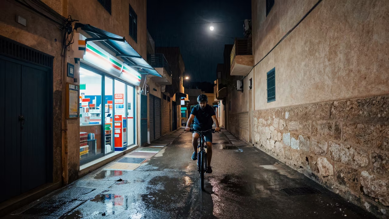 Cyclist splashing puddle alley Fez night in outside a fluorescent convenience store in Fez