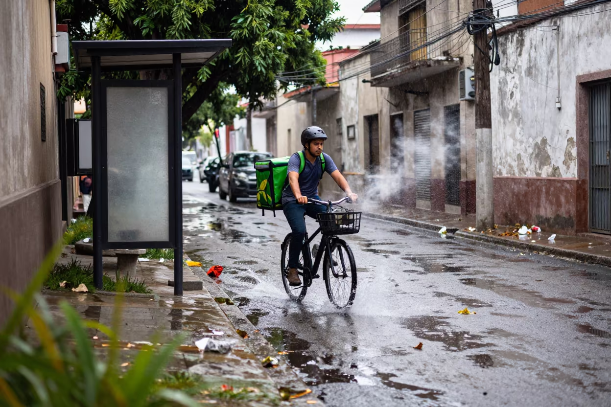 Cyclist Splashing Puddle Bus Shelter Guadalajara in beside a steamed-up bus shelter in Guadalajara