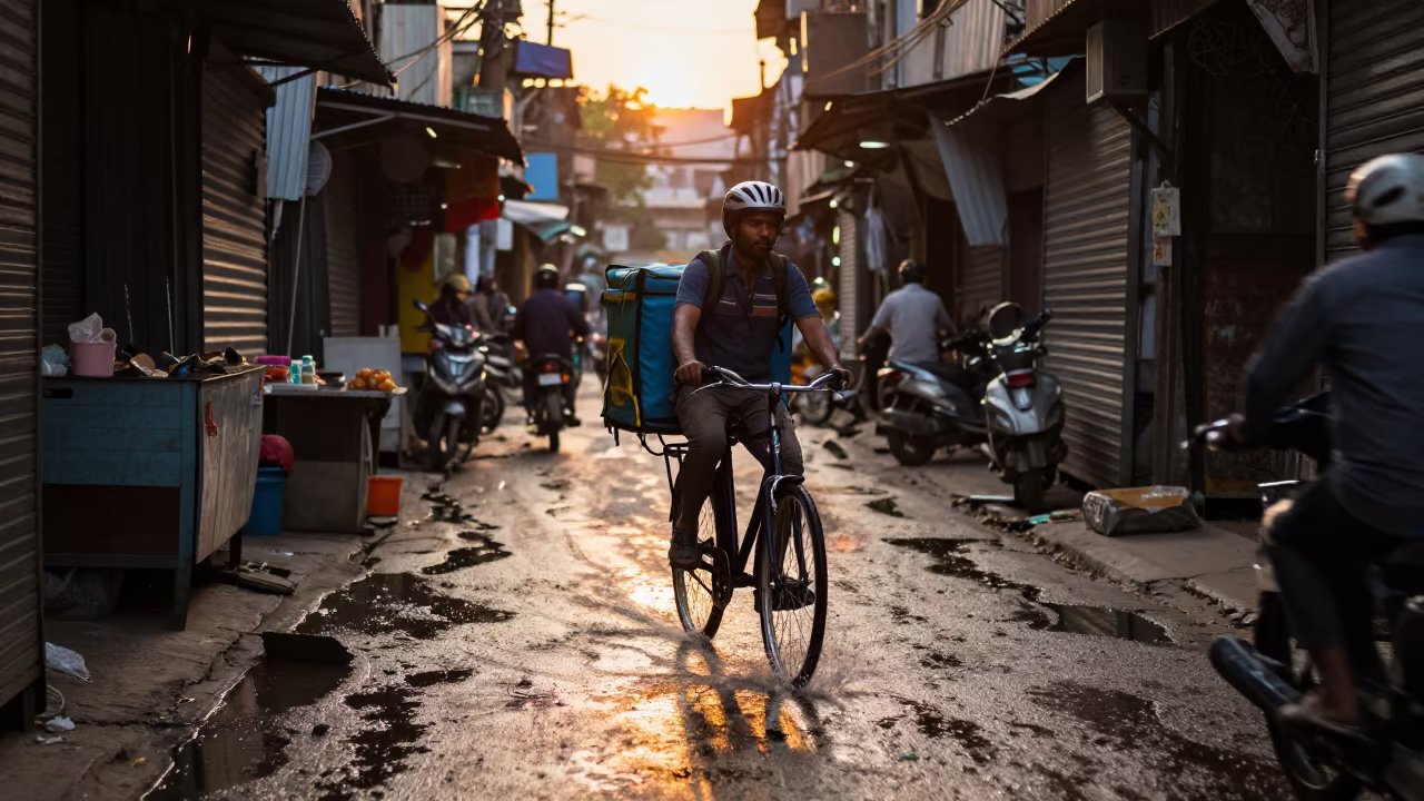Cyclist splashing through puddle in Delhi alley at sunset in along a market-lined side street in Paharganj, Delhi