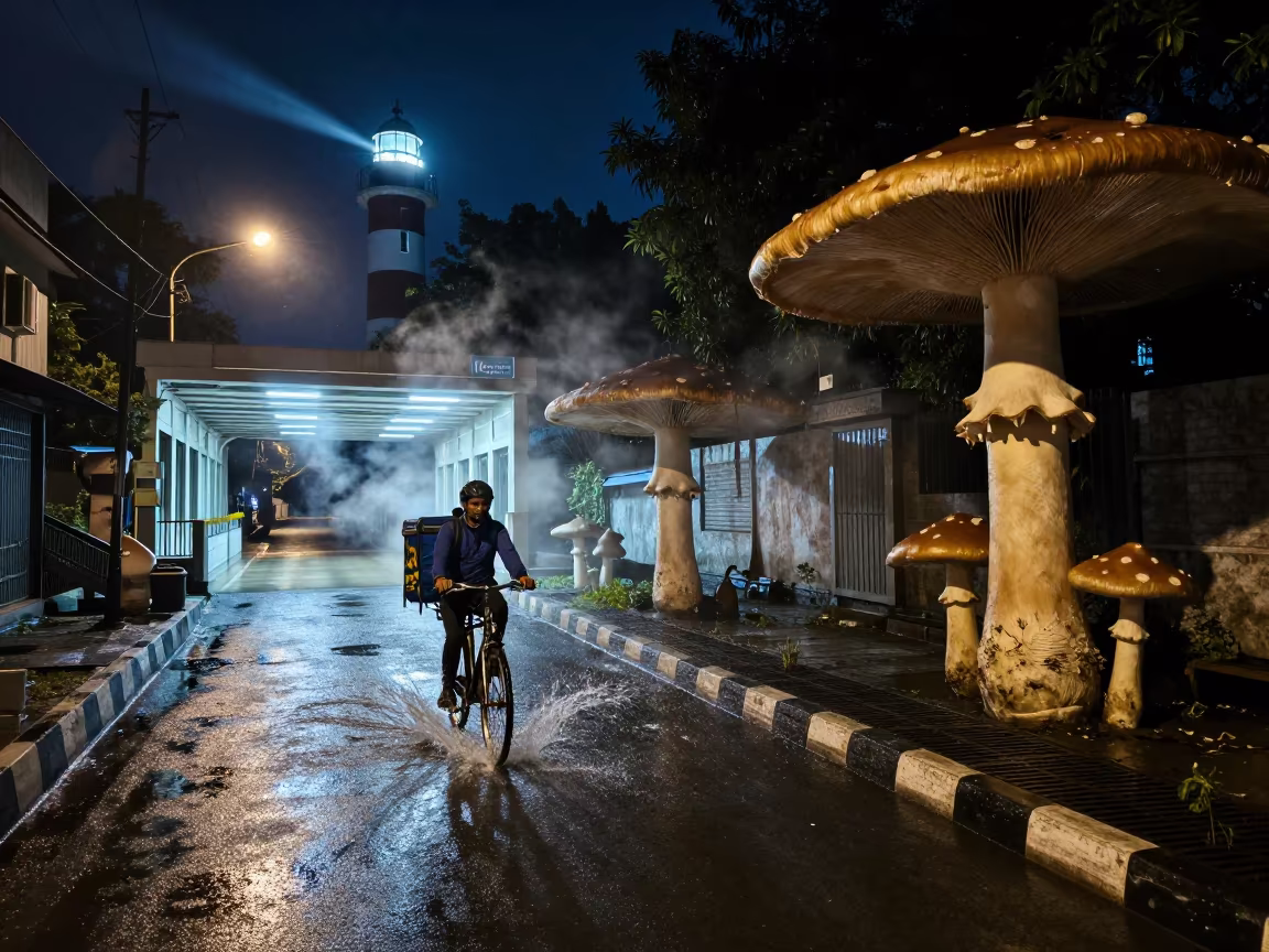 Cyclist Splits Puddle Under Night Lighthouse in outside a metro entrance in Jabalpur