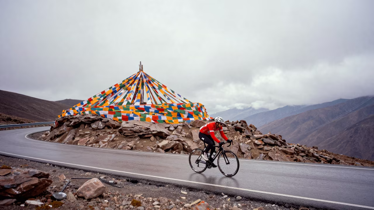 Cyclist Sprinting Mountain Pass Lhasa Prayer Flags in along a high mountain pass beneath prayer flags near Lhasa