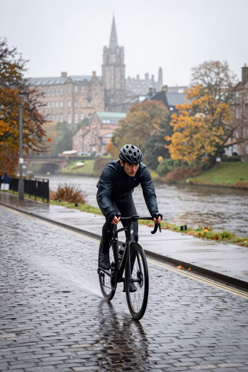 Cyclist Sprinting Rain on Edinburgh Cobblestones in by a riverbank near New Town, Edinburgh