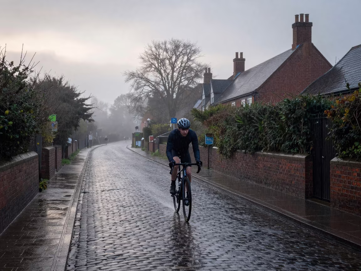 Cyclist Sprinting Rain on Village Lane at Dawn in in a village lane near Leicester
