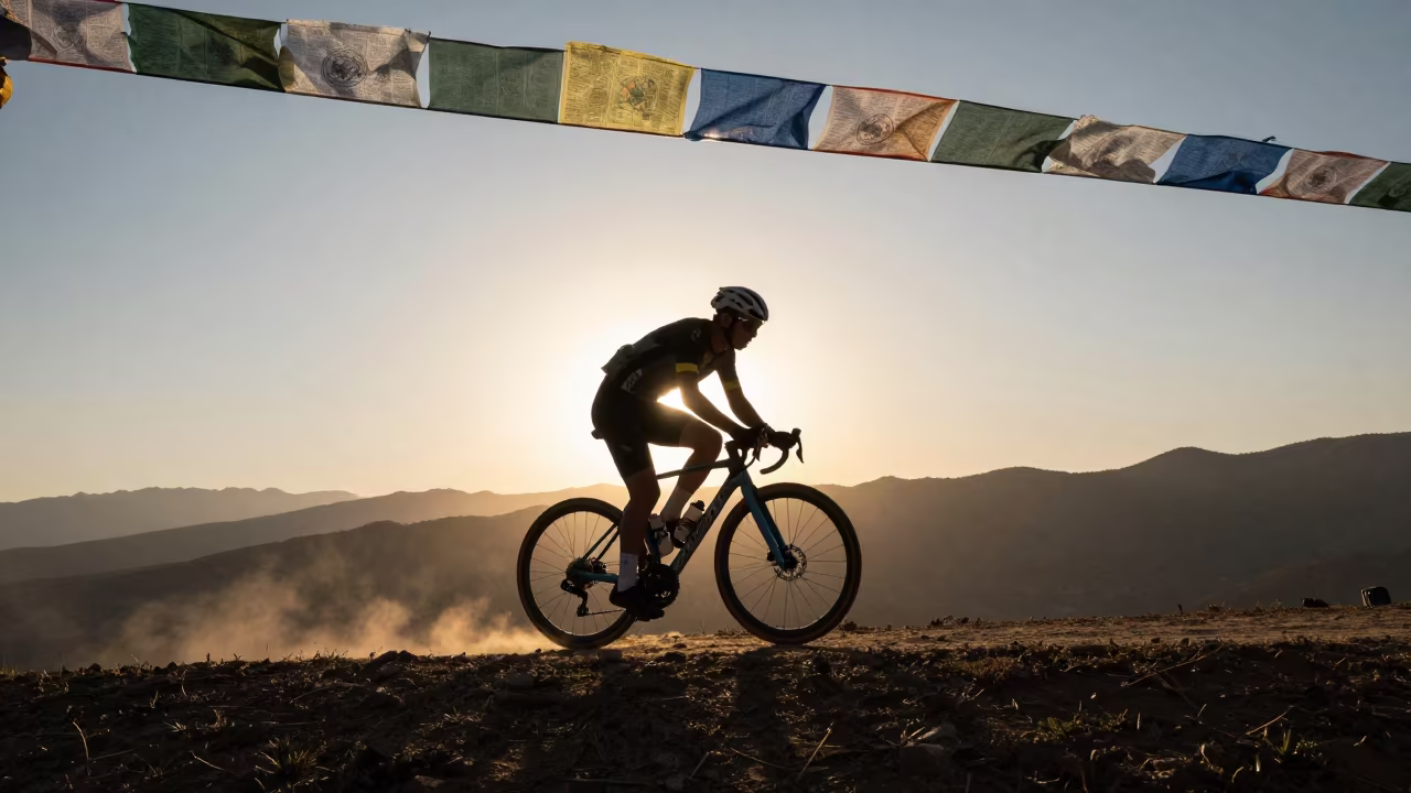 Cyclist Sprinting Silhouette on Thimphu Ridge in on a wind-cut ridge below prayer flag lines near Thimphu