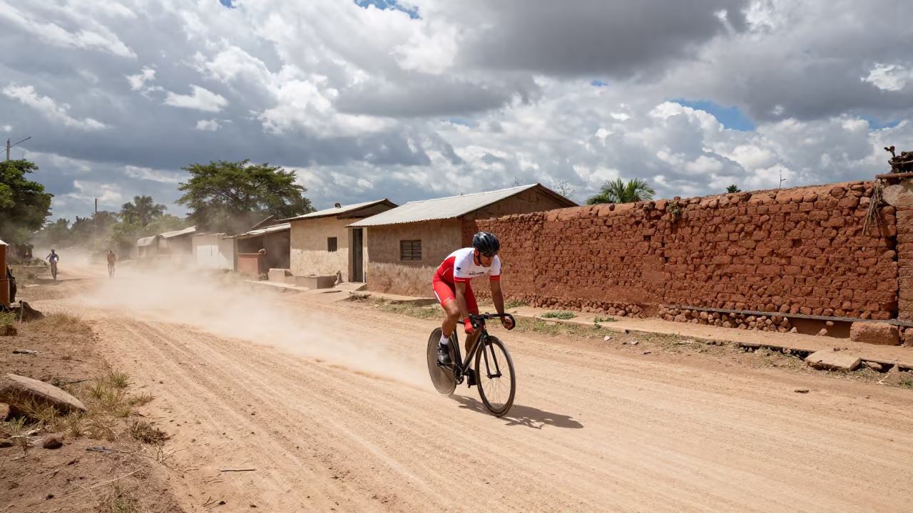 Cyclist Sprinting Through Dry Village Lane in in a village lane near Tegucigalpa
