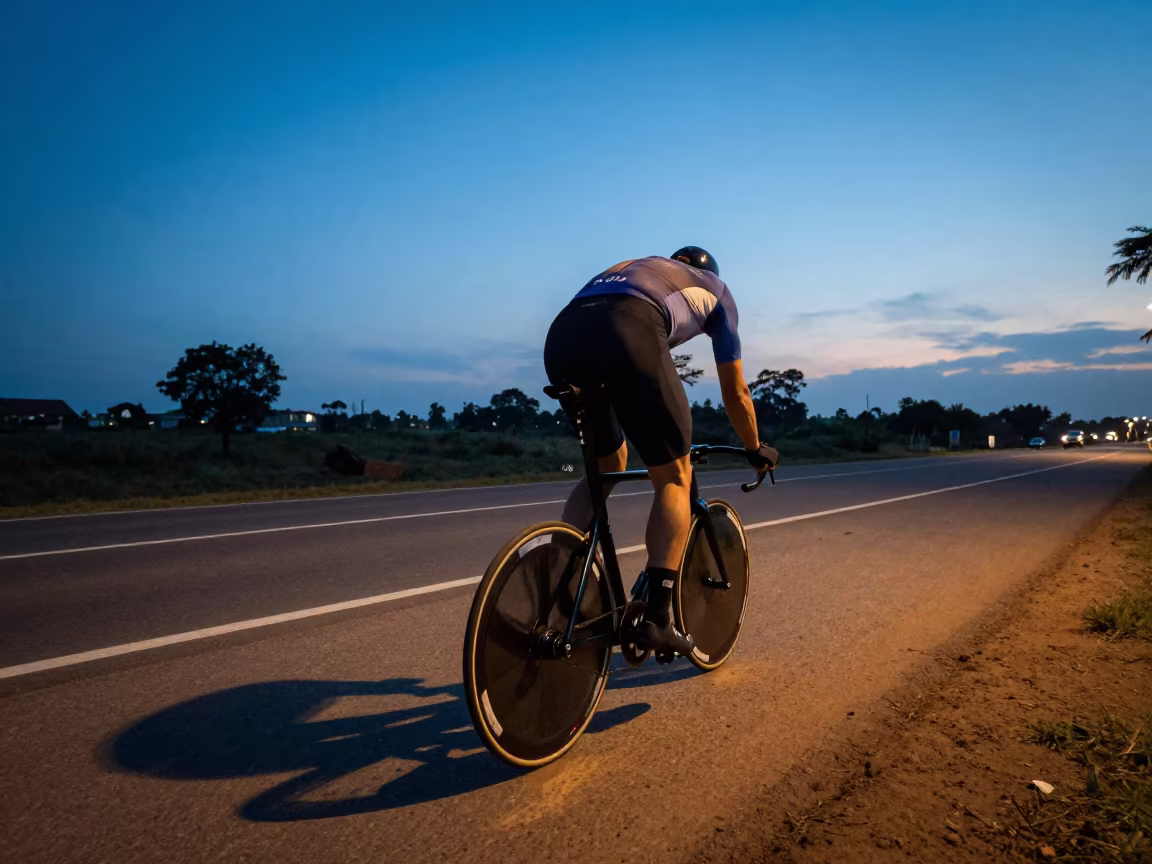 Cyclist Sprinting on Kumasi Road at Blue Hour in at a roadside stop near Kumasi