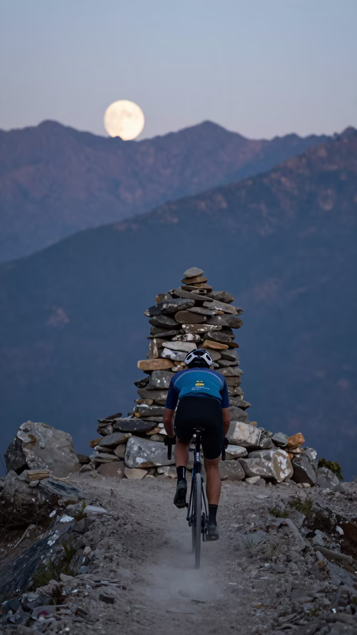 Cyclist Sprinting Summit Finish Before Dawn in beside a summit cairn above the tree line near Kathmandu