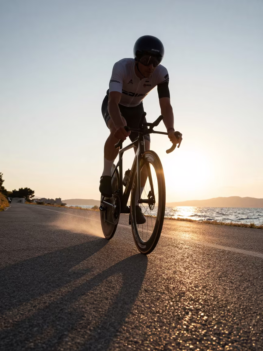 Cyclist Sprints at Sunset Near Riva Split in at a roadside stop near Riva, Split