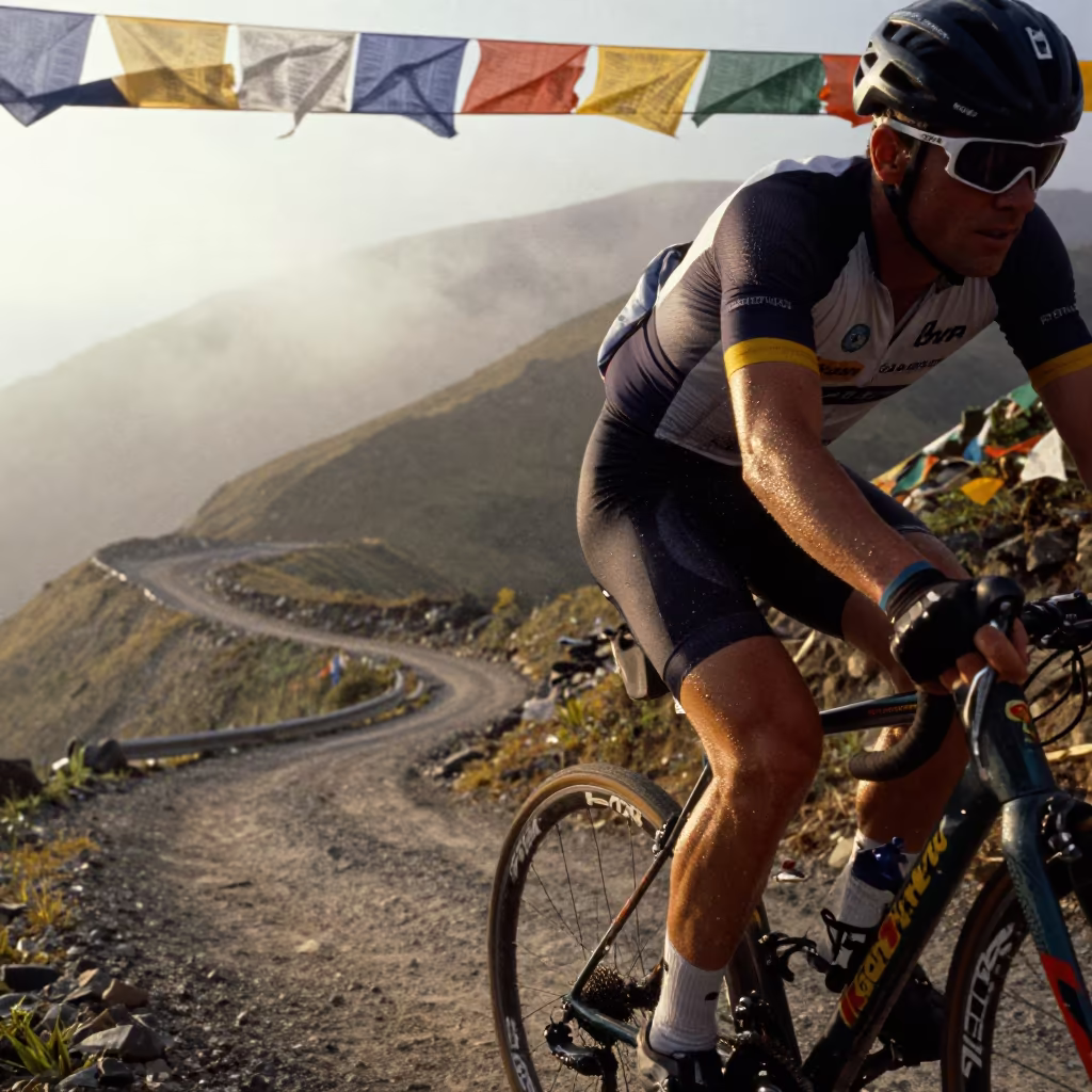 Cyclist Sweating on Thimphu Mountain Pass in on a wind-cut ridge below prayer flag lines near Thimphu