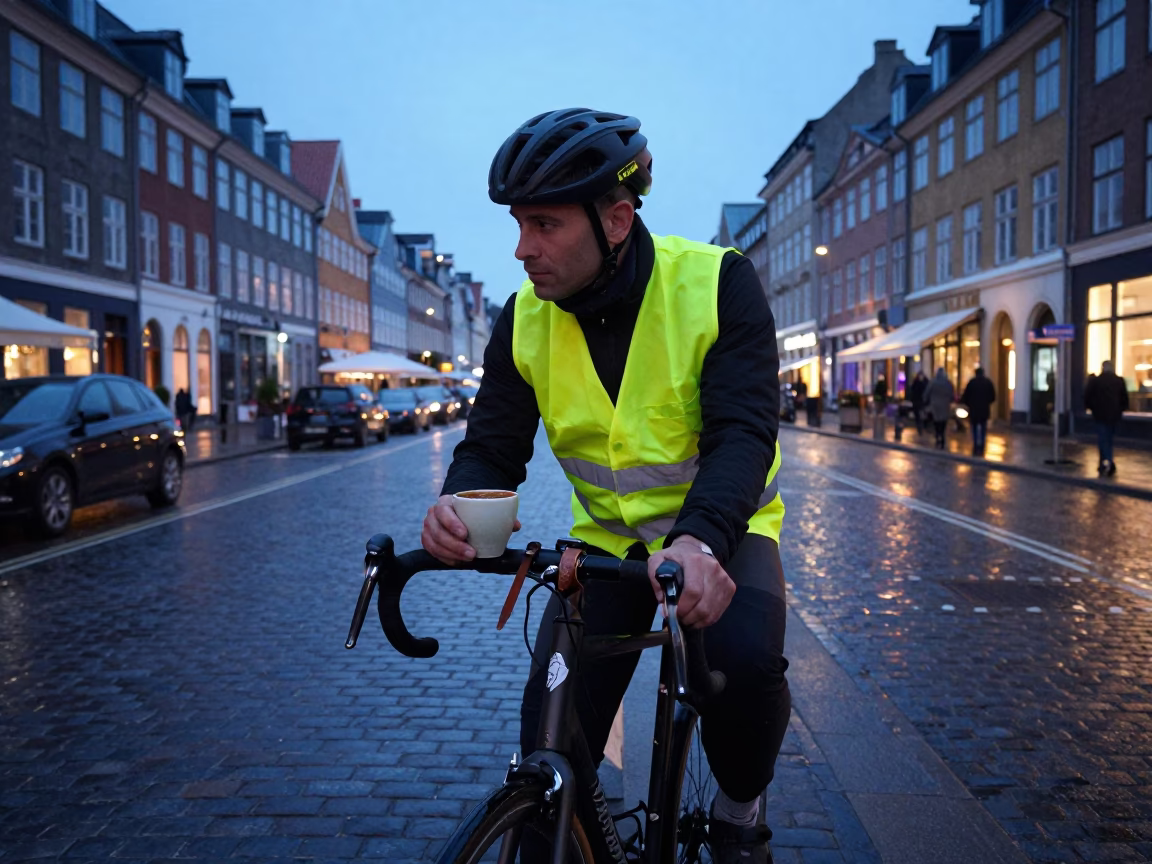 Cyclist Waiting in Copenhagen in in Copenhagen, Denmark