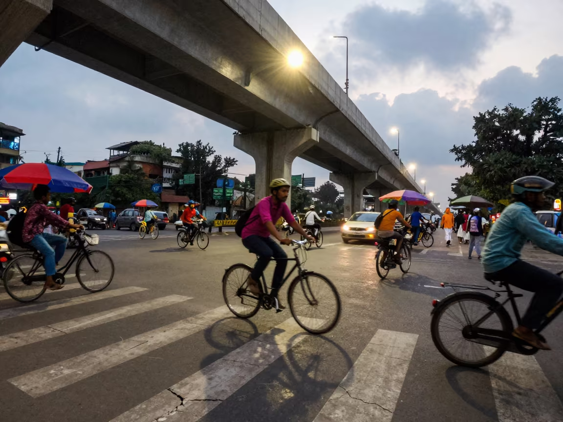Cyclist Weaving Through Commuters in Dhaka Underpass in beneath a flickering underpass light in Dhaka