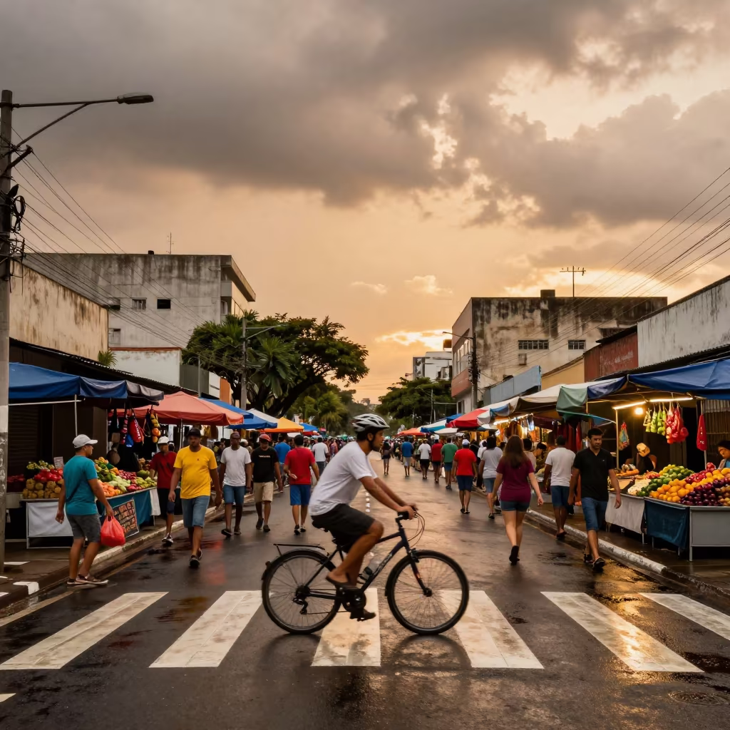 Cyclist Weaving Through Commuters at Market Crosswalk in along a market-lined side street in Campinas