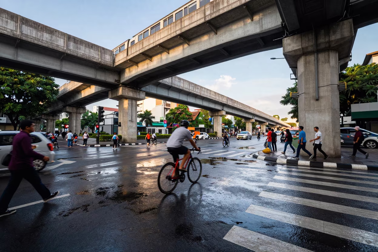 Cyclist Weaving Commuters Under Train Tracks in under an elevated train line in Semarang