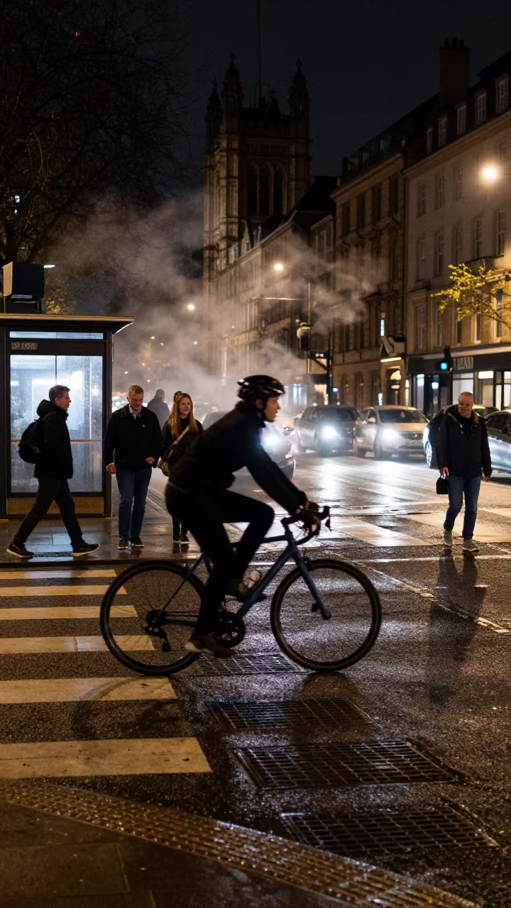 Cyclist Weaving Through Night Commuters in beside a steamed-up bus shelter in City of Westminster