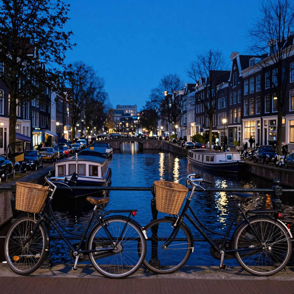 Cyclists And Canal Boats in Amsterdam in in Amsterdam, Netherlands