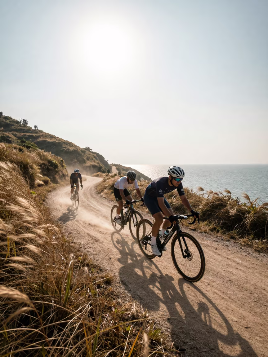 Cyclists Blur on Bangkok Mountain Path in on a mountain path near Bangkok