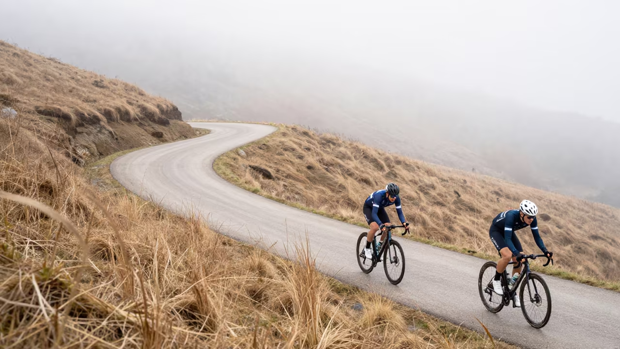 Cyclists Racing Mountain Path Velodrome Curve in on a mountain path near Sosnowiec