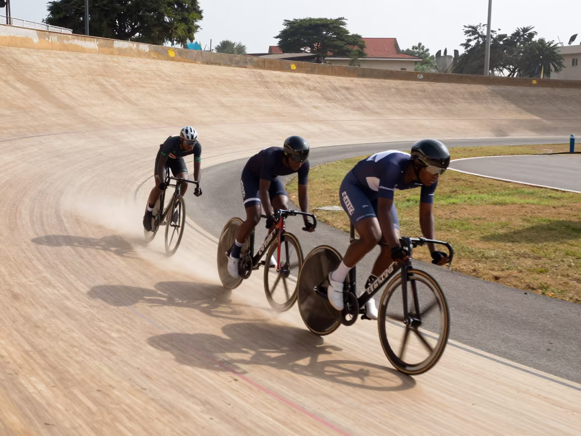 Cyclists Racing Velodrome Curve Bamako in at a roadside stop near Bamako