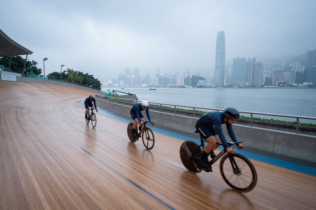 Cyclists Racing Velodrome Curve Hong Kong Dawn in by a riverbank near Hong Kong