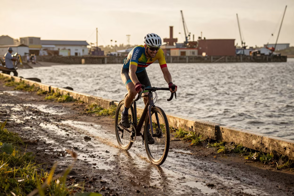 Cyclocross Rider Shoulder Bike Harbor Warri in at a harbor edge in Warri