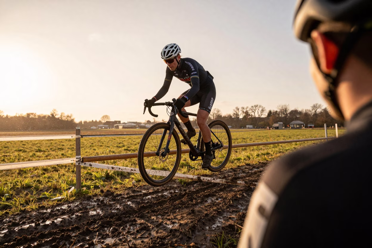 Cyclocross Rider Shouldering Bike in Berlin Mud in near Kreuzberg, Berlin