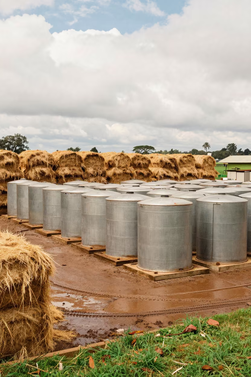 Cylindrical Oil Tanks Near Hay Bales Malawi in beside stacked hay bales in Malawi