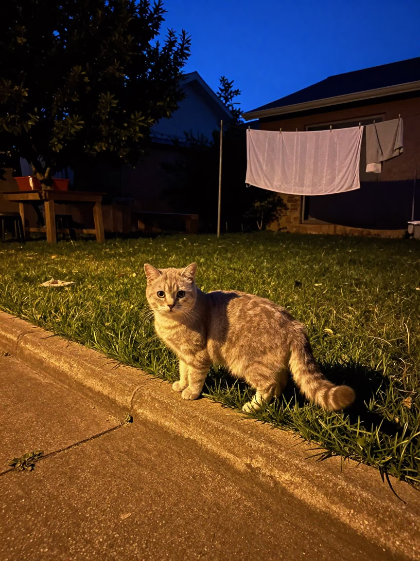 Cymric Cat in Avellaneda Yard at Night in in a small yard with clipped grass, calm light, and the animal centered in frame in Avellaneda