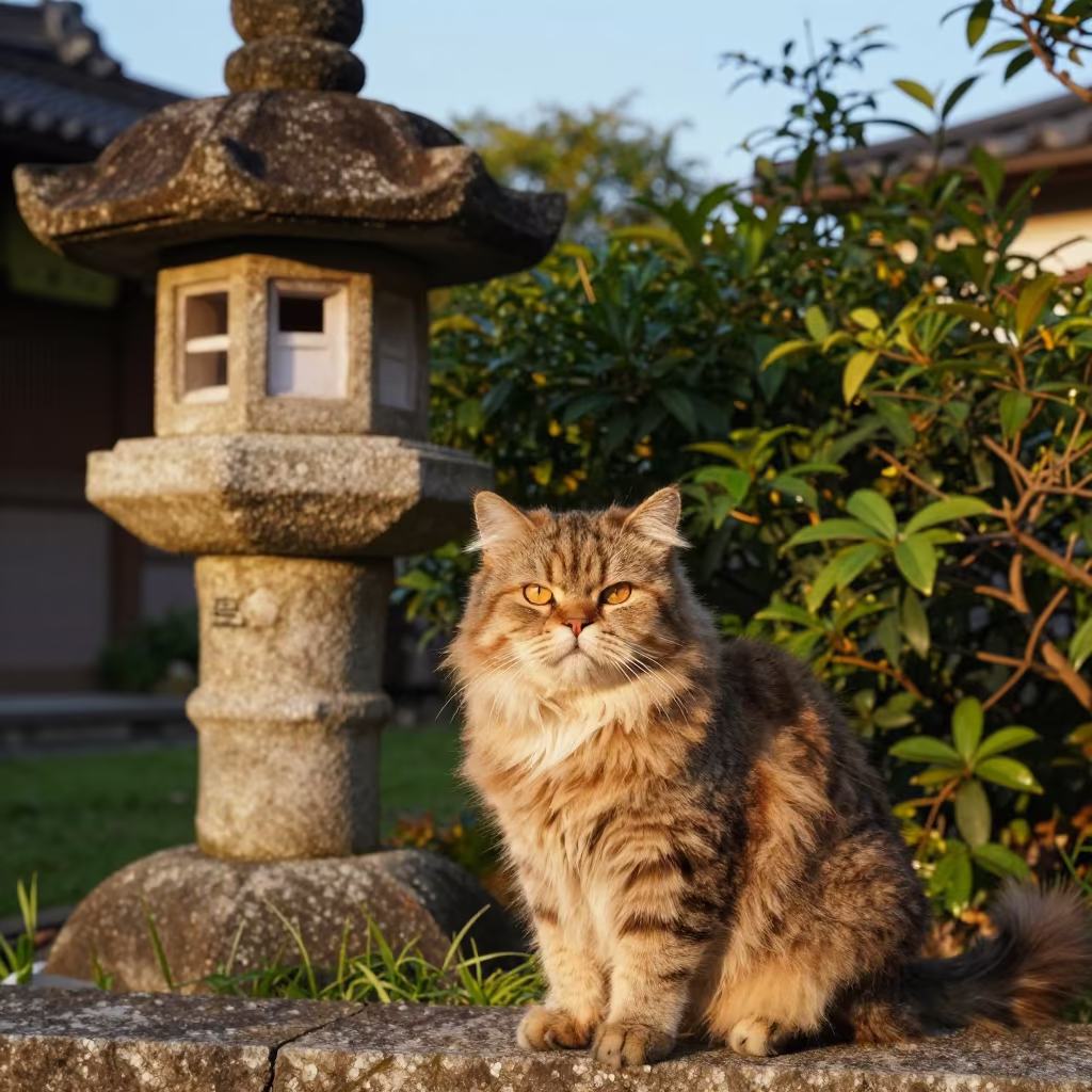 Cymric Cat in Osaka Garden Golden Hour in near a garden edge with soft morning light and an uncluttered background in Nakazakicho, Osaka