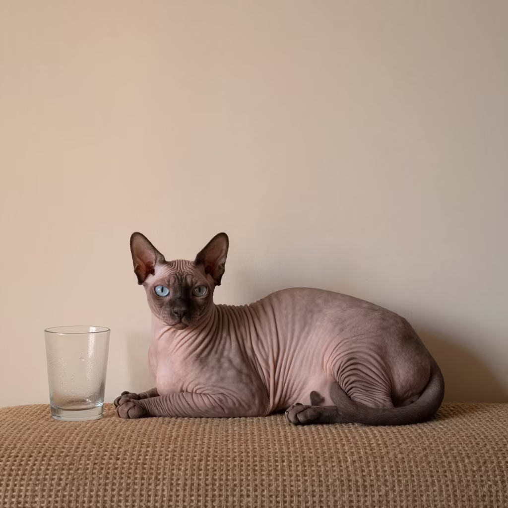 Cymric Cat Lounging on Woven Rug Before Dawn in on a woven rug beside a low couch and an uncluttered wall in Milton Keynes
