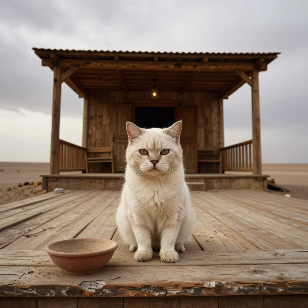 Cymric Cat on Shaded Tarim Porch with Horizon Light in on a shaded front porch with boards, railings, and eye-level framing in Tarim