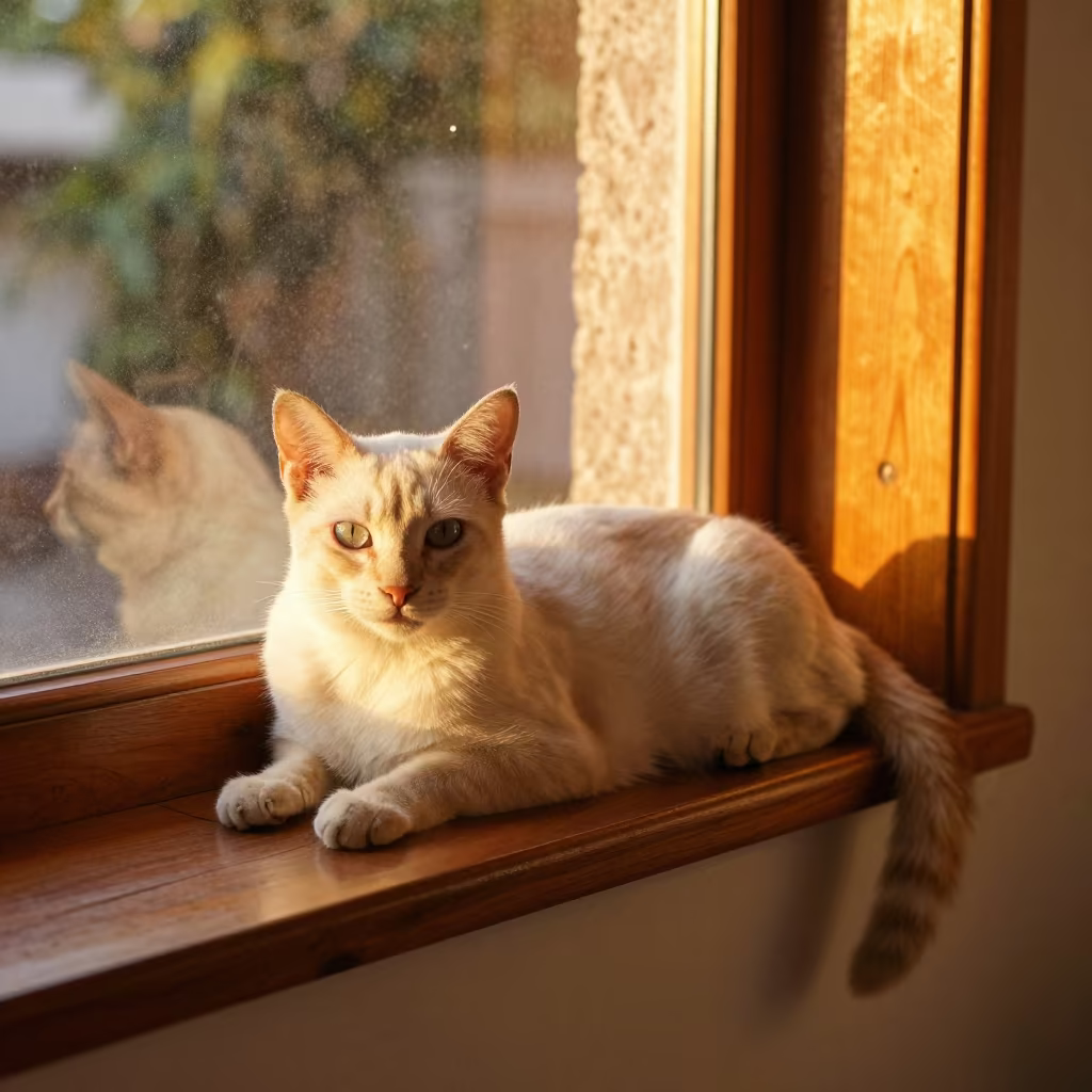 Cymric Cat on Window Seat in Coatzacoalcos Rainy Season in on a window seat in a quiet apartment with soft side light in Coatzacoalcos
