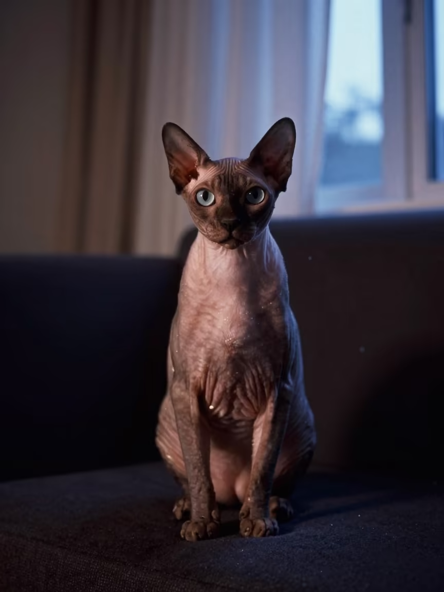 Cymric Cat Portrait in Chandigarh Predawn Neon Light in on a sofa near a curtained window with calm indoor light in Chandigarh
